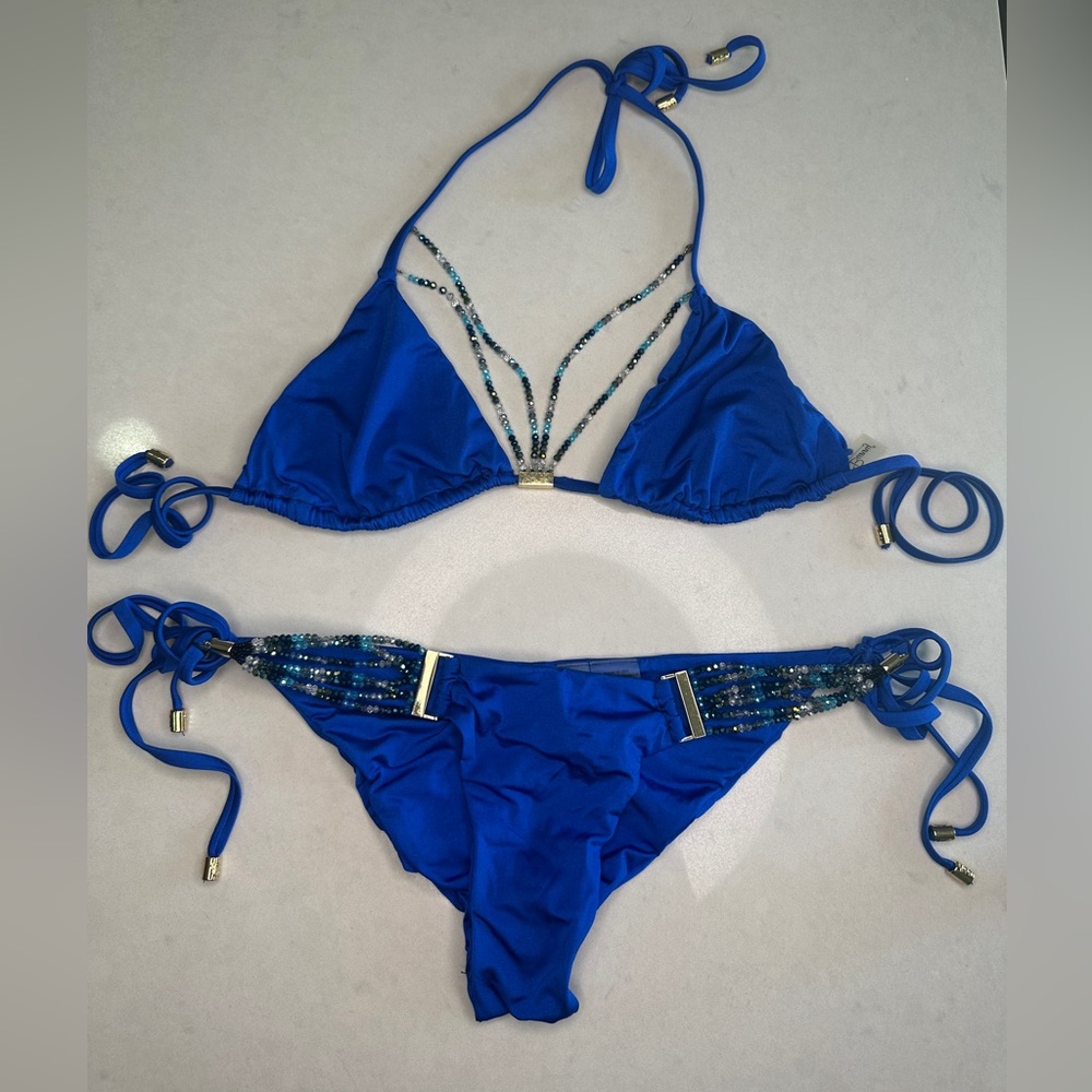 Beach Bunny Rare Beaded Sapphire Blue Bikini Luxury Swim Set | Size M & S - Picture 7 of 17